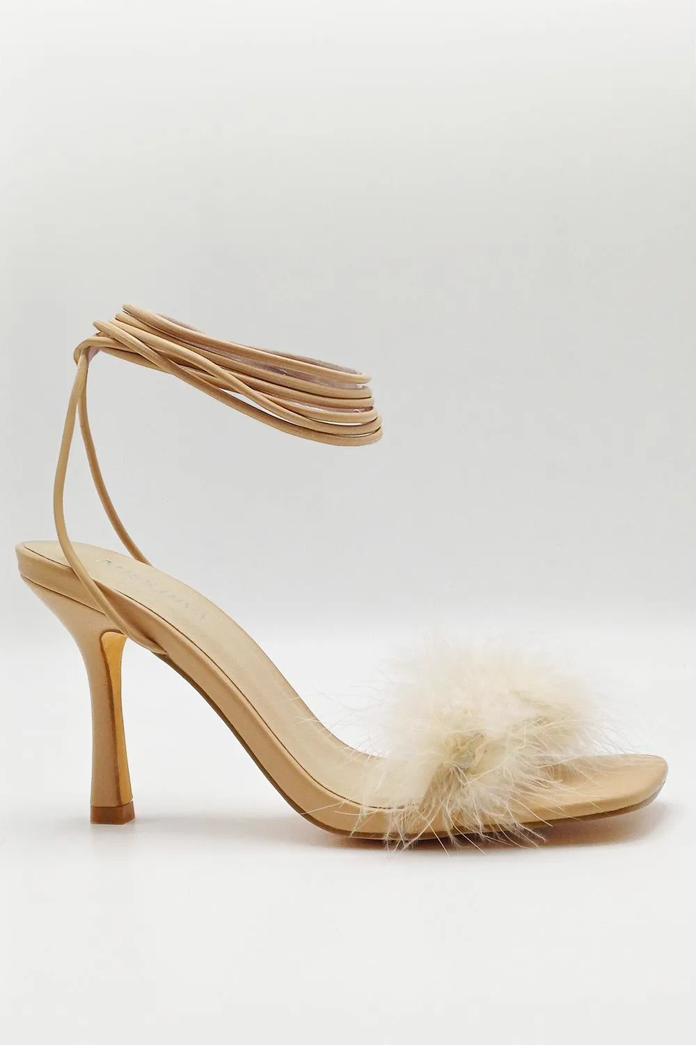 Delilah Feather Band Lace Up Heels in Nude