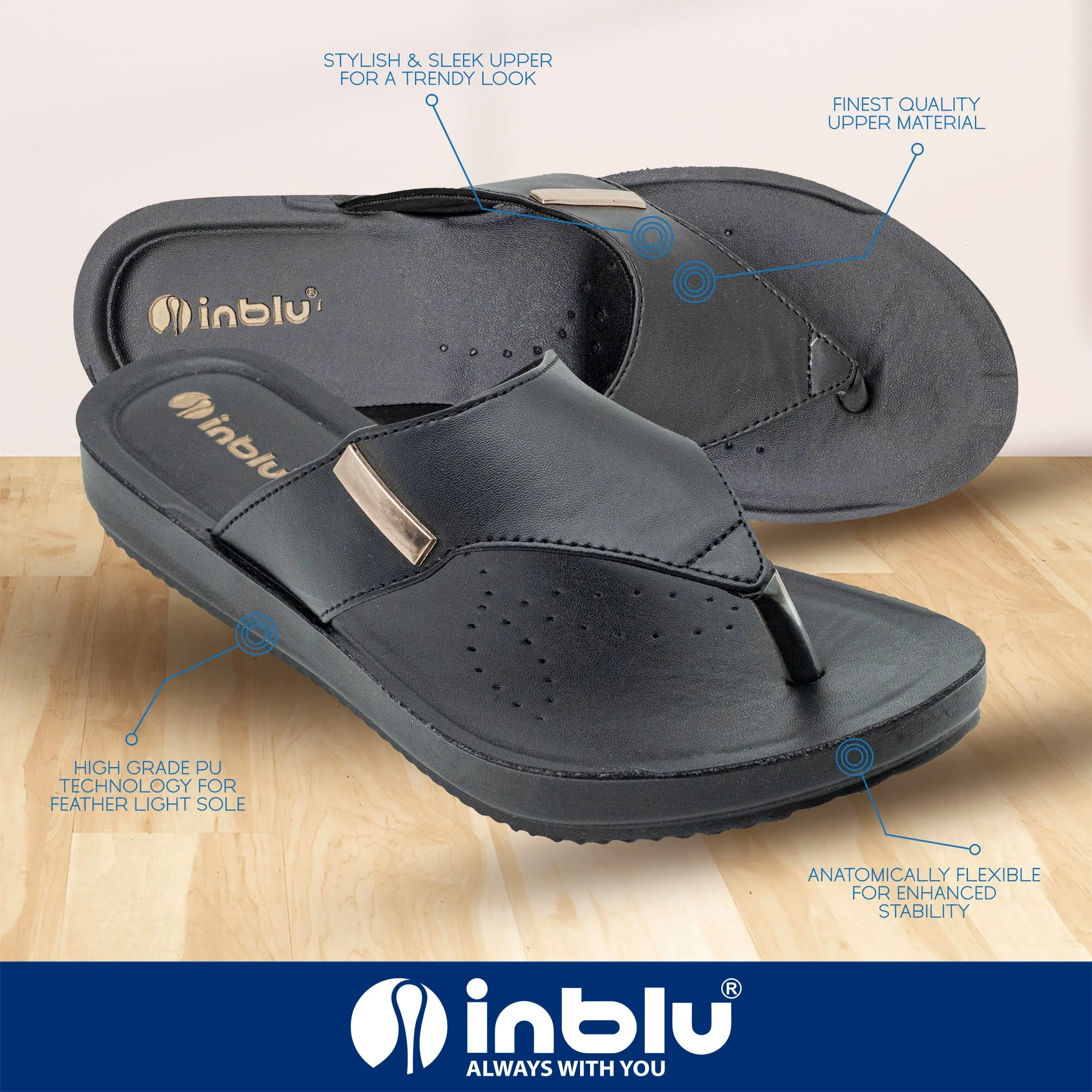 Inblu Women Black Thong Style Sandal with Slip-On Closure (BM14_BLACK)