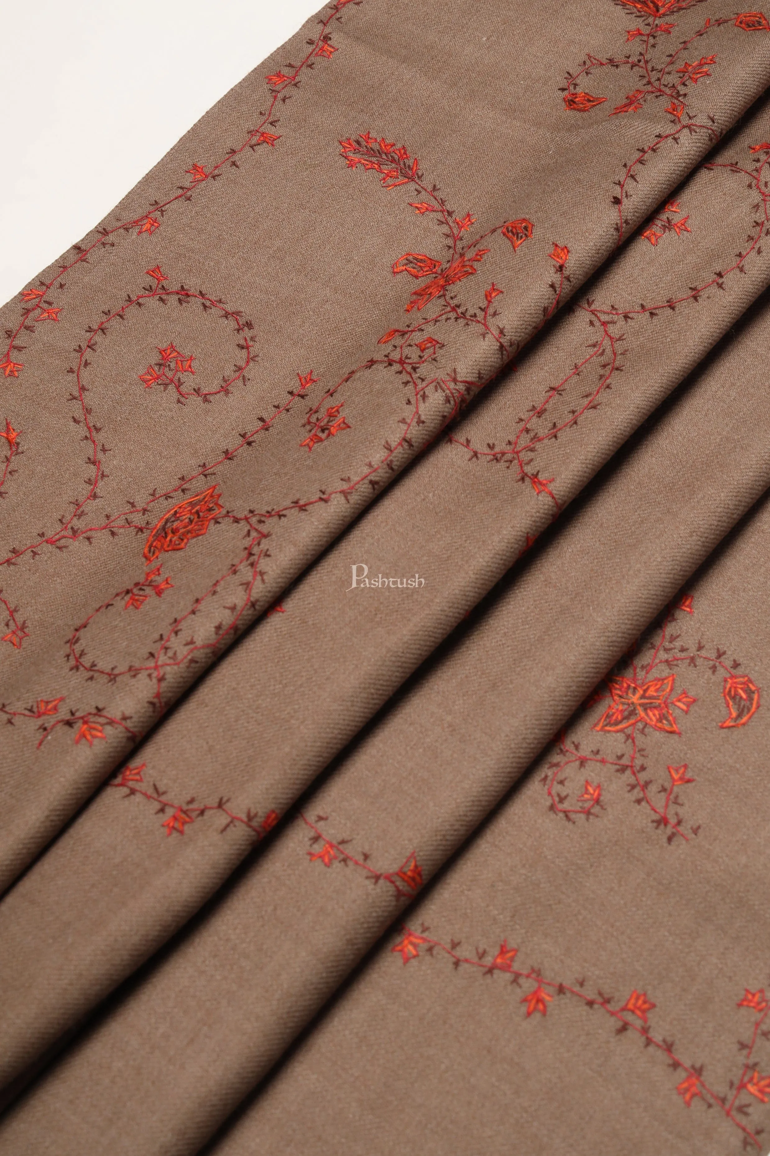 Pashtush Womens Woollen Shawl, Thick And Warm, Kashmiri Hand Embroidery, Design, Taupe