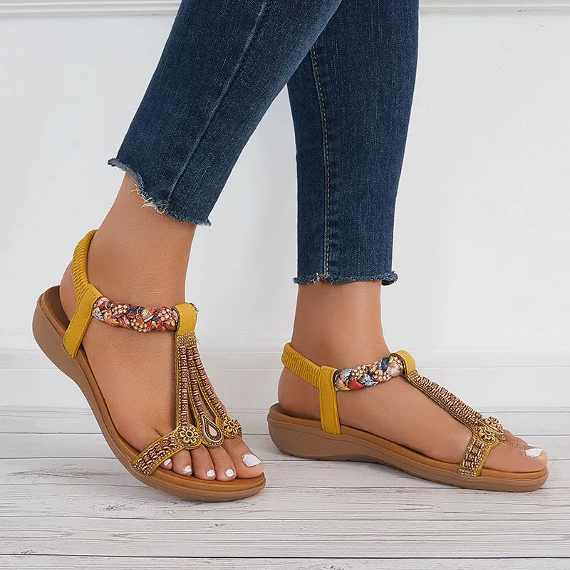 Sohiwoo  Women Boho Platform Heel Sandals Elastic Daily Dress Shoes